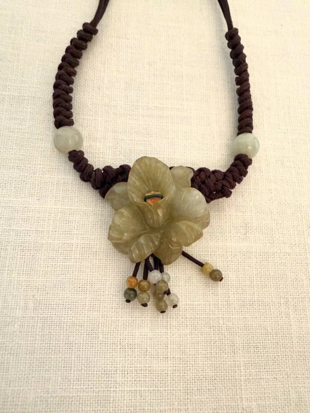 Vintage Handmade Jade Flower Macrame Bracelet Adjustable Artisan Natural Stone